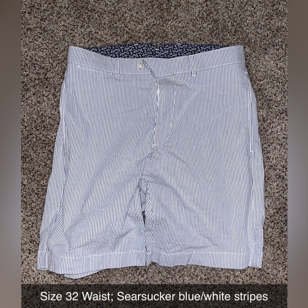 Searsucker Shorts; Size 32 Waist; Blue/White stripes